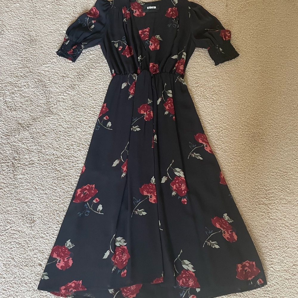 Reformation Red and Black Puff Sleeve Midi Dress